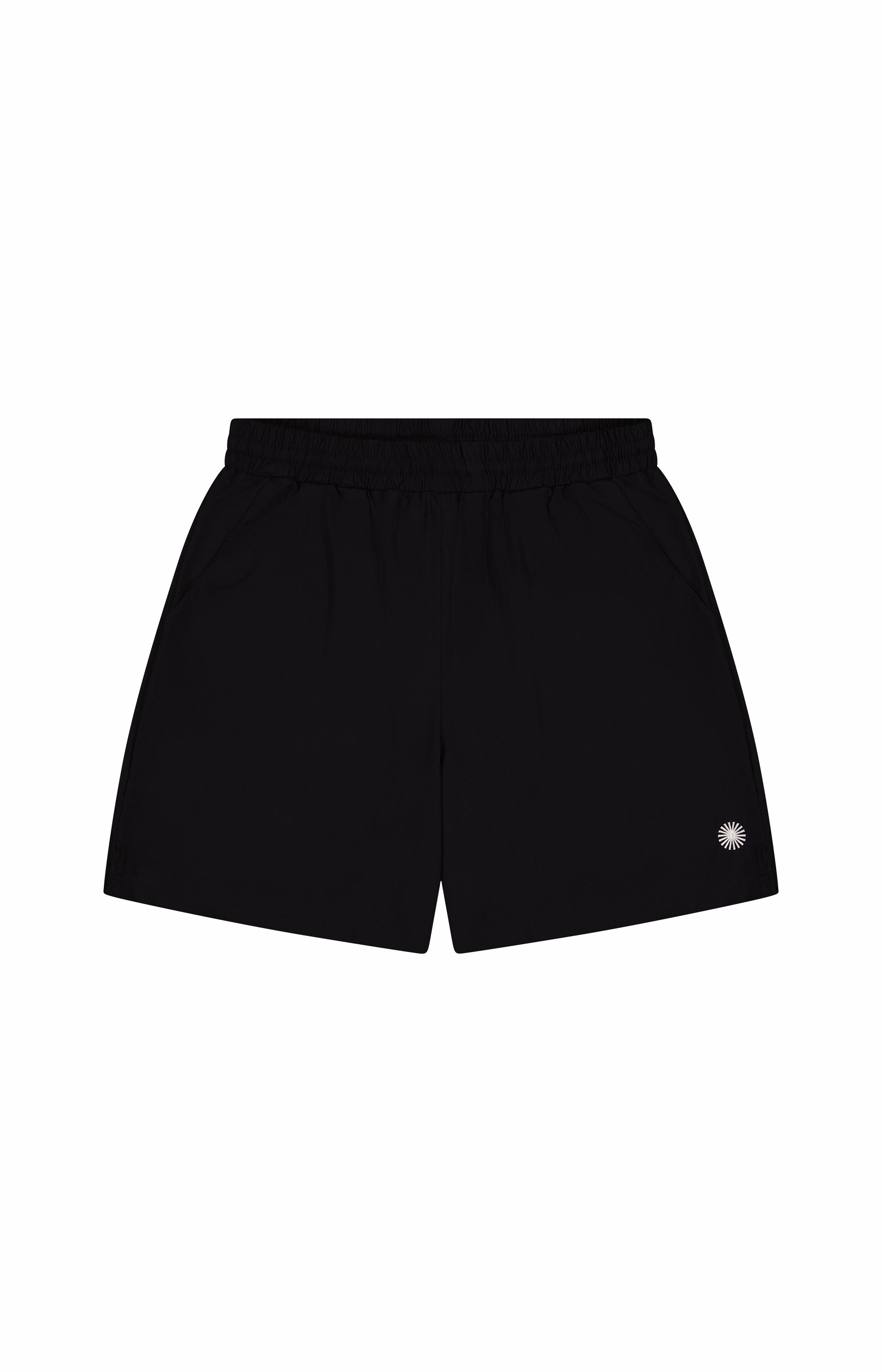 black nylon shorts with small beige sun logo, two pockets, and elastic waistband