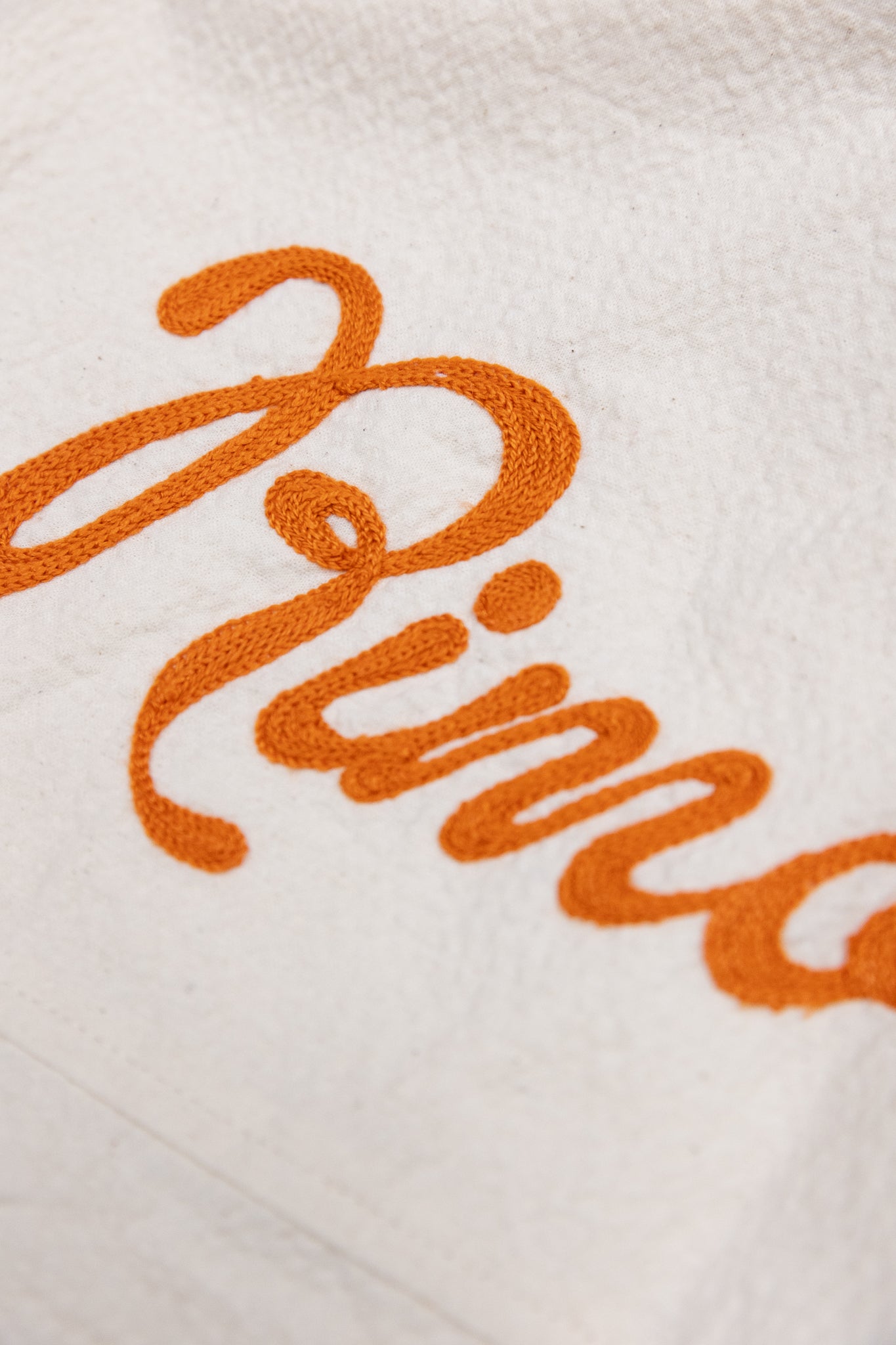 detailed close up of chain stitch logo on beige shirt