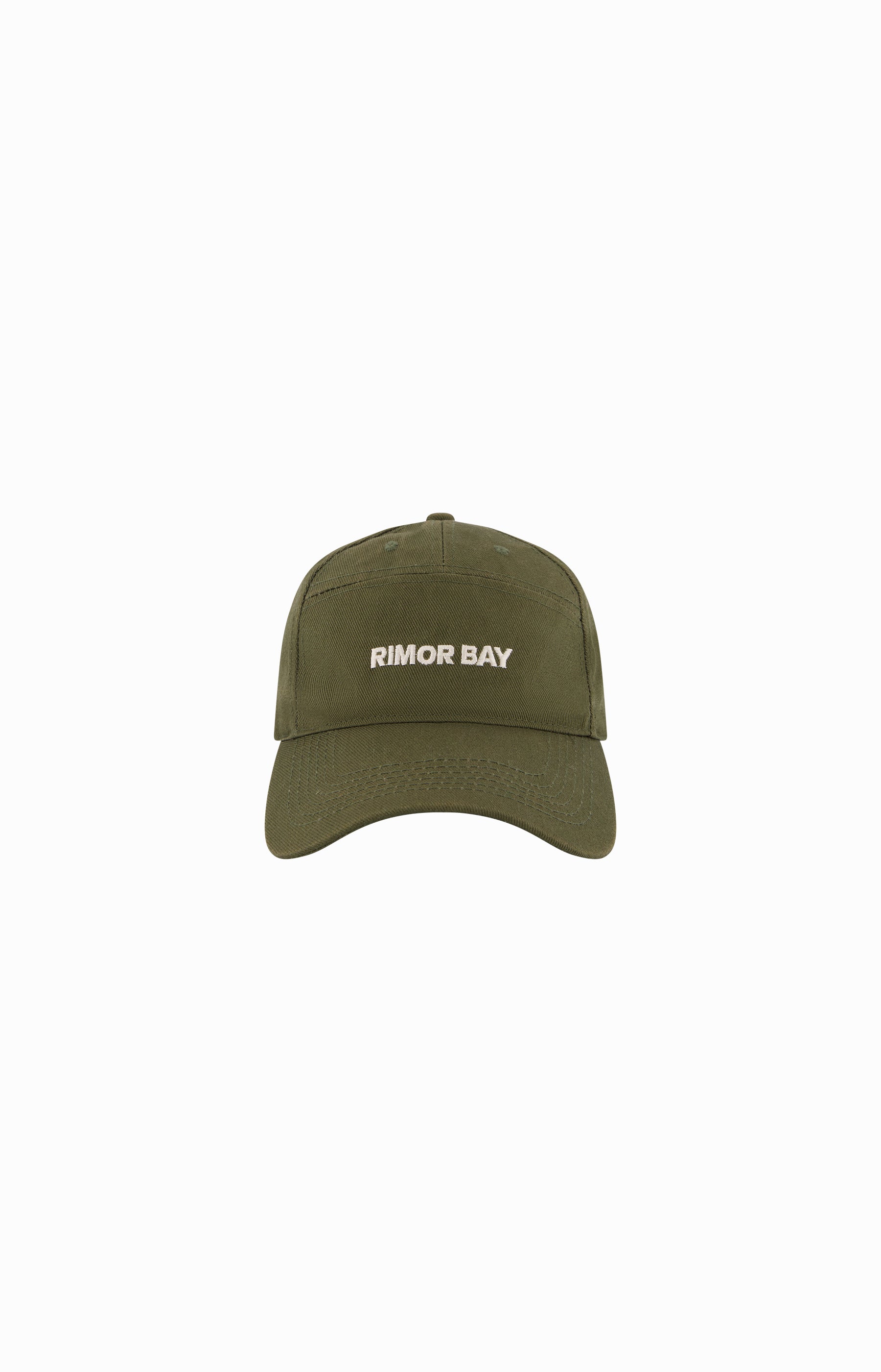 clear cut of Khaki 7 panel cap with logo on front 