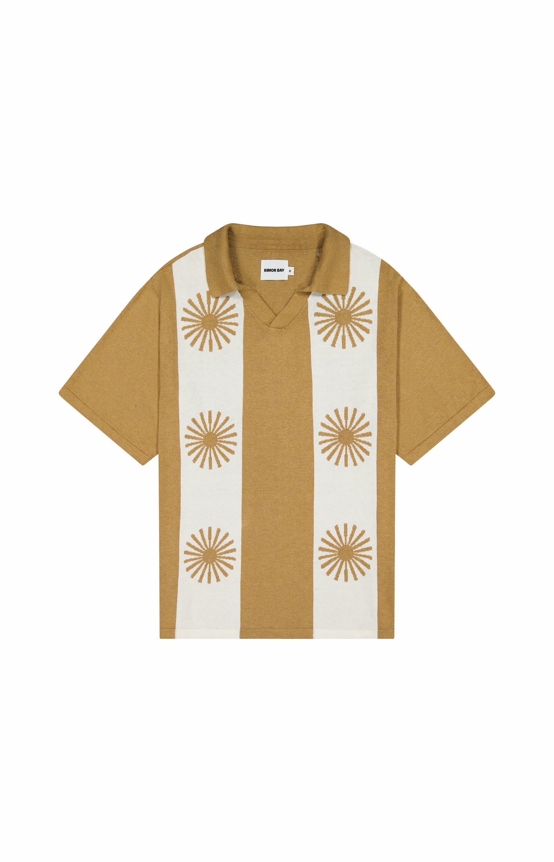 caramel knit top with repeating sun logo