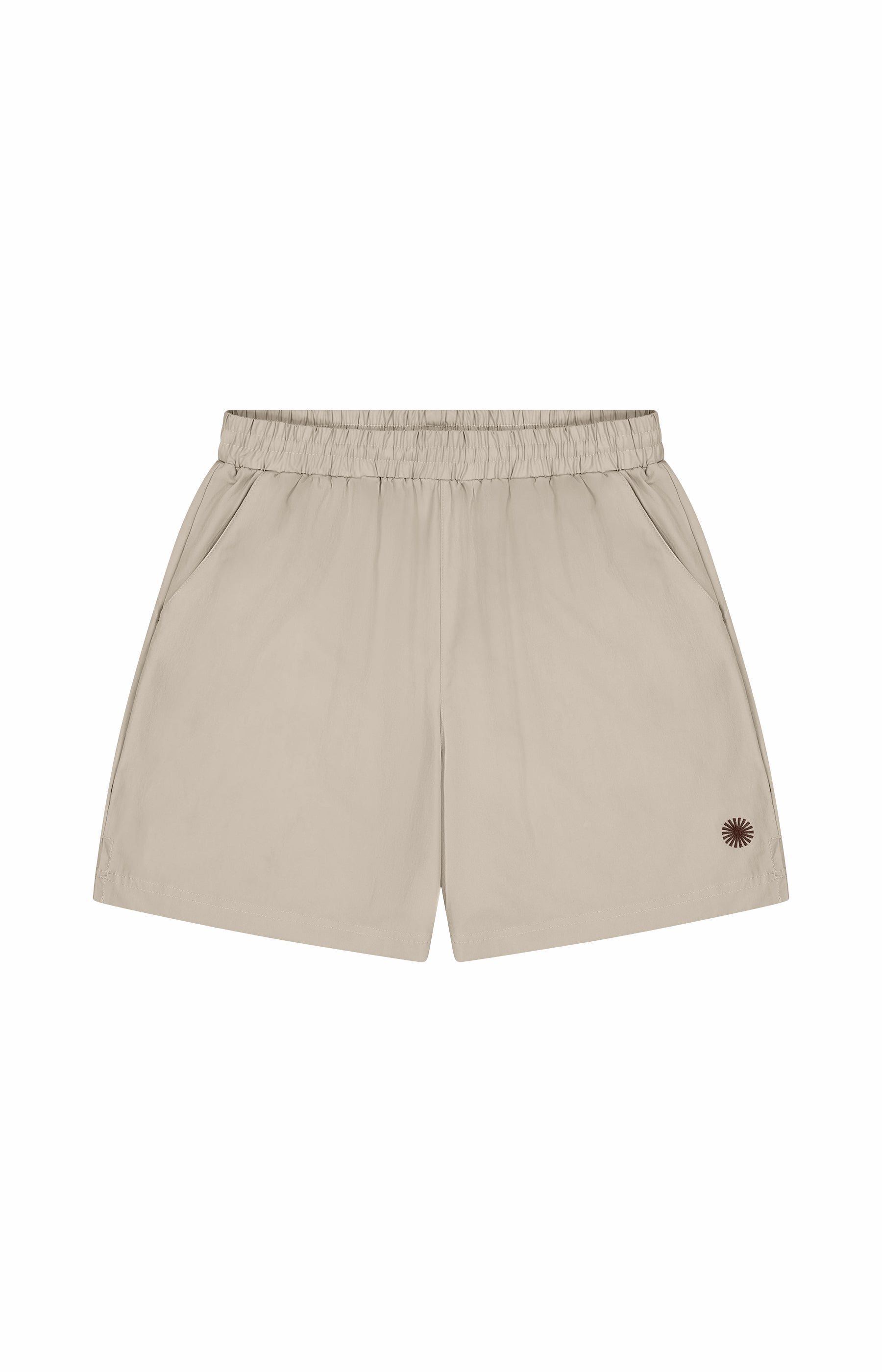 grey nylon shorts with small sun logo, two pockets, and elastic waistband